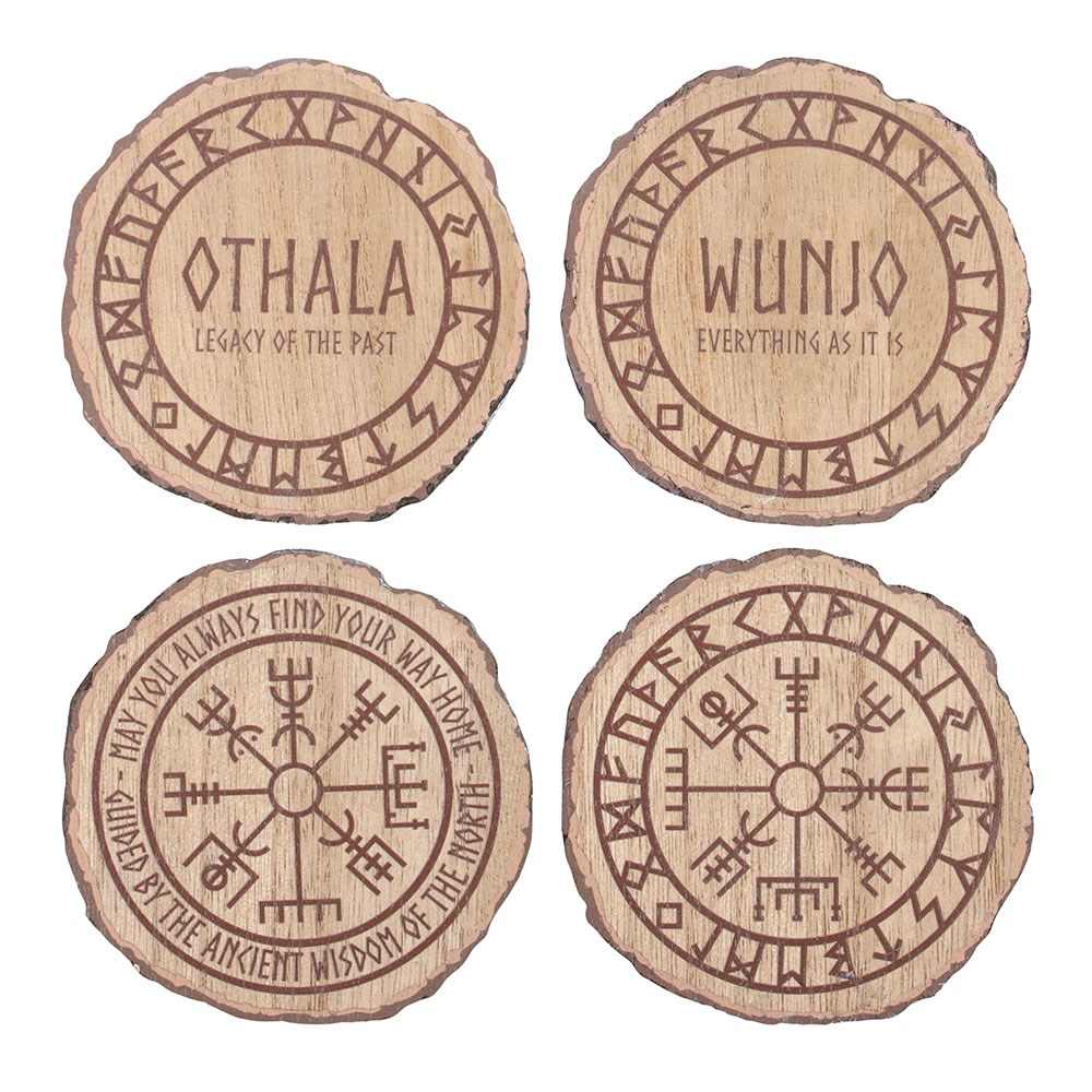 Something Different - Set of 4 Norse Mythology Wood Slice Coasters Onderzetter Set - Multicolours
